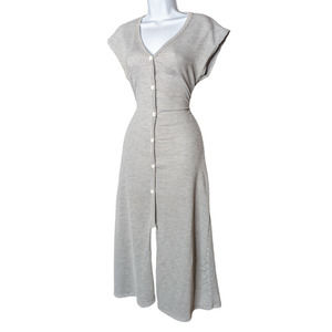 Caution To The Wind V-Neck Short Sleeve Button Slit Pinstripe Gray Midi Dress M